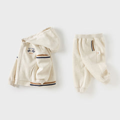 Dave&Bella Toddler Boys Autumn Apricot Outdoor Hooded Coat Long Pants Suits Set