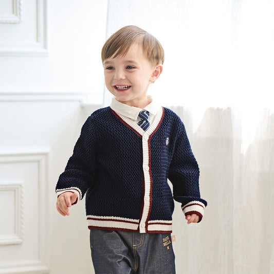Dave&Bella Boys Autumn Navy Blue College Style Sweater Cardigan Knit Jacket
