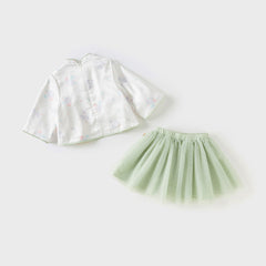 Dave&Bella Girls Autumn Green Begonia Print Top Mesh Half Skirt Two Piece Set