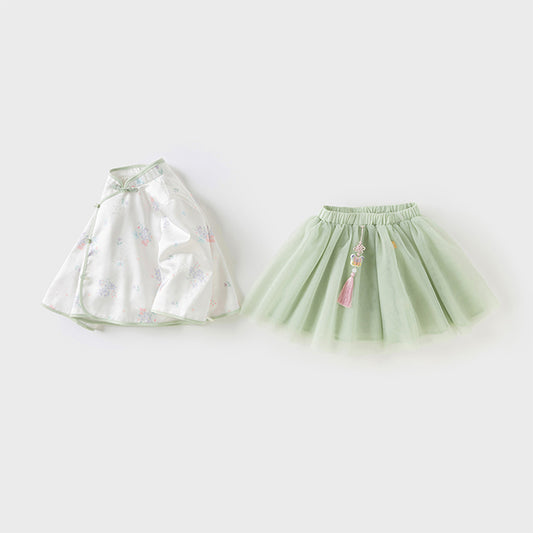 Dave&Bella Girls Autumn Green Begonia Print Top Mesh Half Skirt Two Piece Set