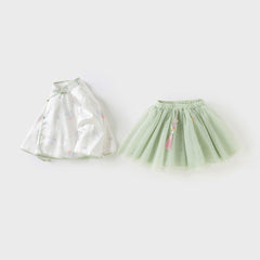 Dave&Bella Girls Autumn Green Begonia Print Top Mesh Half Skirt Two Piece Set