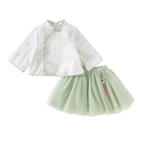 Dave&Bella Toddler Girls Green Begonia Print Top Mesh Half Skirt Two Piece Sets