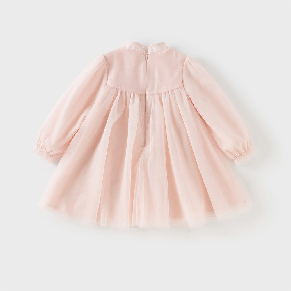 Dave&Bella Girls Adorable Chinese Style Pink Turtle Flower Embroidery Mesh A-lined Dress