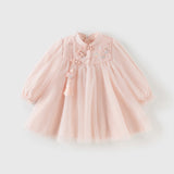Dave&Bella Girls Adorable Chinese Style Pink Turtle Flower Embroidery Mesh A-lined Dress