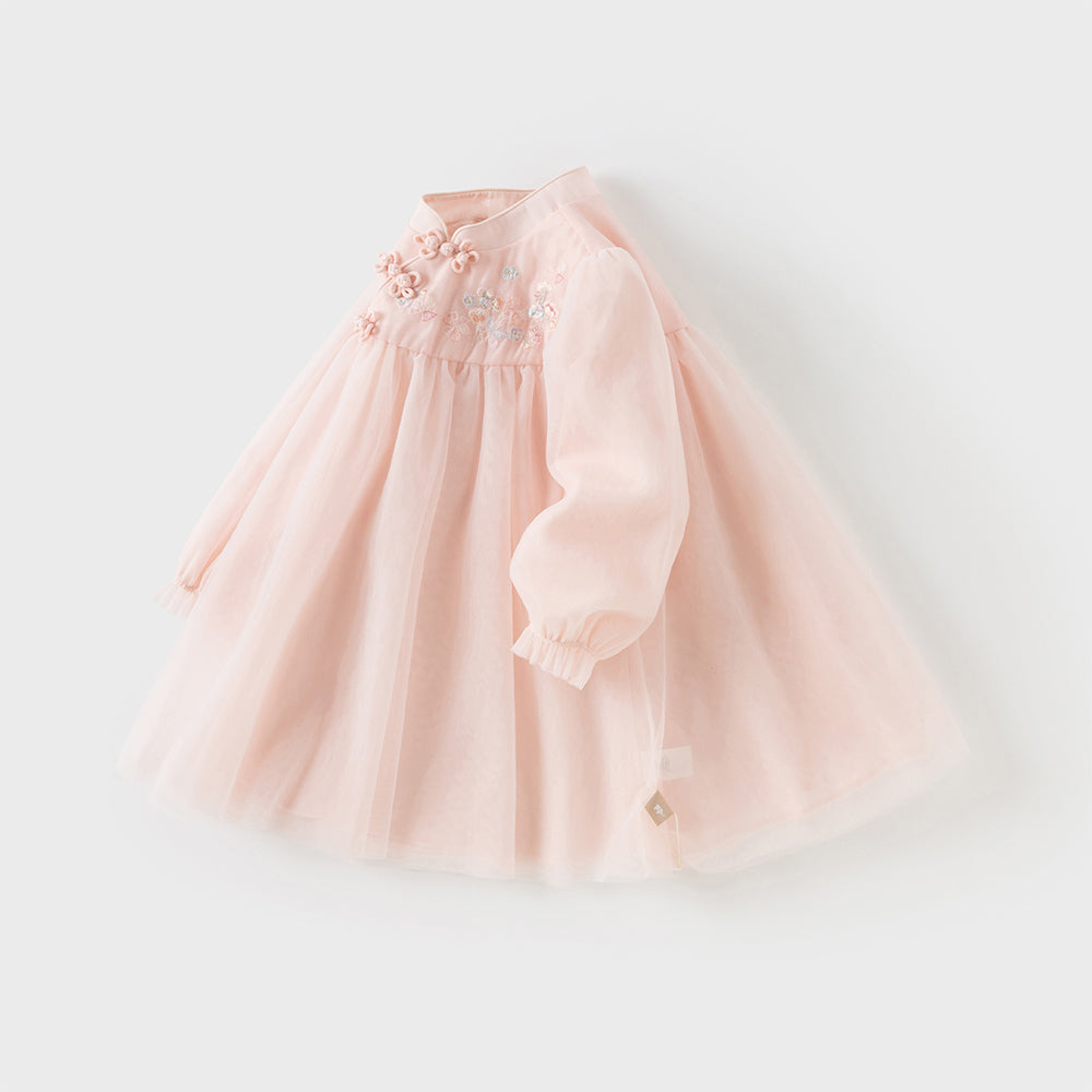 Dave&Bella Girls Adorable Chinese Style Pink Turtle Flower Embroidery Mesh A-lined Dress