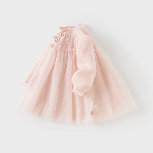 Dave&Bella Girls Autumn Adorable Chinese Style Pink Mesh A-lined Dress