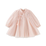 Dave&Bella Girls Adorable Chinese Style Pink Turtle Flower Embroidery Mesh A-lined Dress