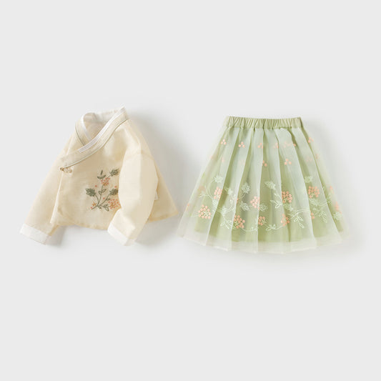 Dave&Bella Girls Autumn Yellow Mesh Half-skirt Chinese Style Two-piece Set