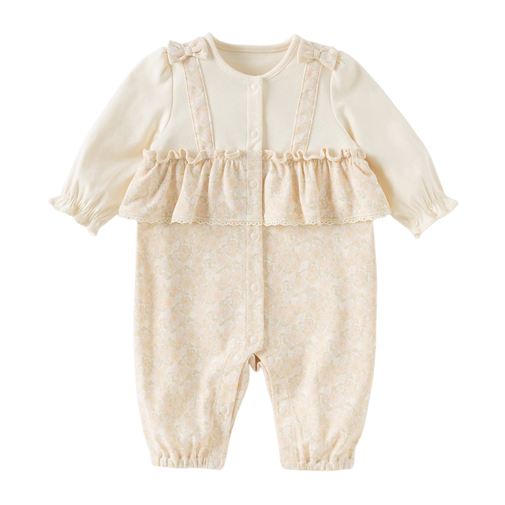 Dave&Bella Baby Girls Beige Floral Indoor Cotton One-Pieces Romper