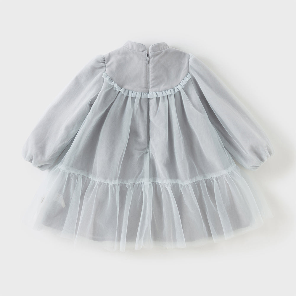 Dave&Bella Toddler Girls Blue Classic Flower Embroidery Soft Mesh Chinese-style Dress
