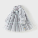 Dave&Bella Toddler Girls Blue Classic Flower Embroidery Soft Mesh Chinese-style Dress