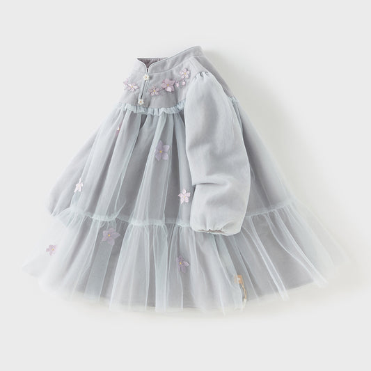 Dave&Bella Toddler Girls Blue Classic Flower Embroidery Soft Mesh Chinese-style Dress