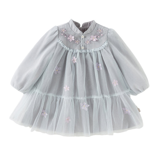 Dave&Bella Toddler Girls Blue Classic Flower Embroidery Soft Mesh Chinese-style Dress