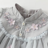 Dave&Bella Toddler Girls Blue Classic Flower Embroidery Soft Mesh Chinese-style Dress