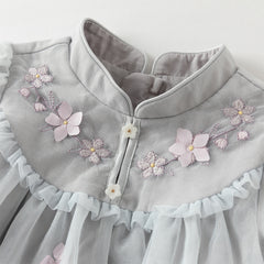 Dave&Bella Toddler Girls Blue Classic Flower Embroidery Soft Mesh Chinese-style Dress