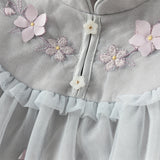 Dave&Bella Toddler Girls Blue Classic Flower Embroidery Soft Mesh Chinese-style Dress