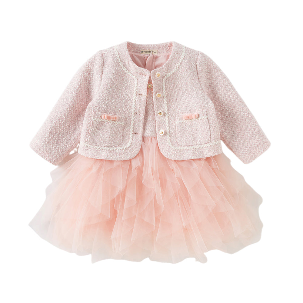 Dave&Bella Kids Girls Elegant Pink Cardigan Pinafore Mesh Dress Two Pieces Set