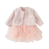Dave&Bella Kids Girls Elegant Pink Cardigan Pinafore Mesh Dress Two Pieces Set