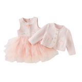 Dave&Bella Kids Girls Elegant Pink Cardigan Pinafore Mesh Dress Two Pieces Set