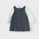 Dave&Bella Toddler Girls Navy Blue Plaid Sweet Fake Two-Piece Dress