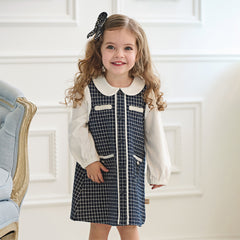 Dave&Bella Girls Autumn Navy Blue Plaid Sweet Fake Two-Piece Dress
