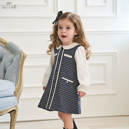 Dave&Bella Girls Autumn Navy Blue Plaid Sweet Fake Two-Piece Dress