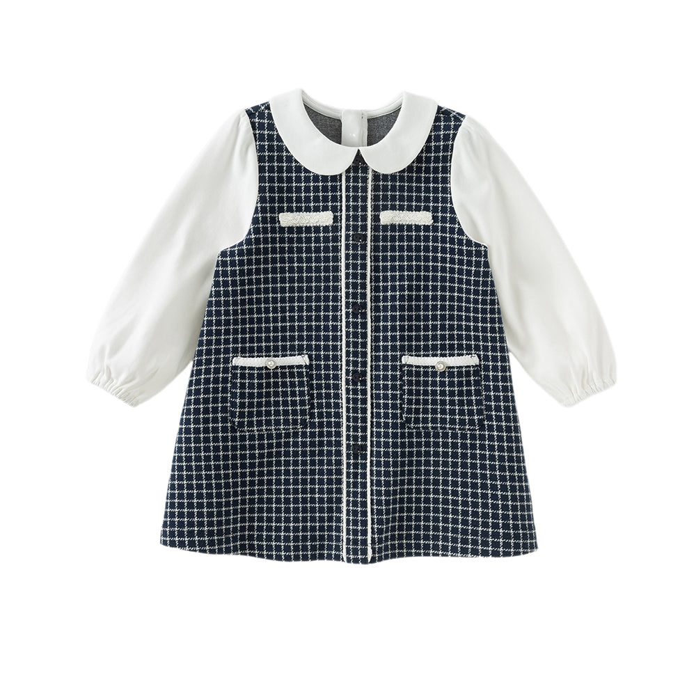 Dave&Bella Toddler Girls Navy Blue Plaid Sweet Fake Two-Piece Dress