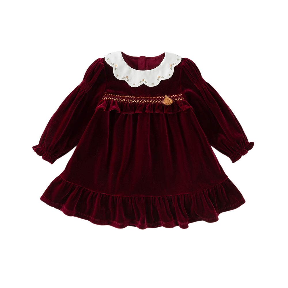Dave&Bella Toddler Girls Winter Noble Wine Red Luxury Velveteen Holiday Princess Dress