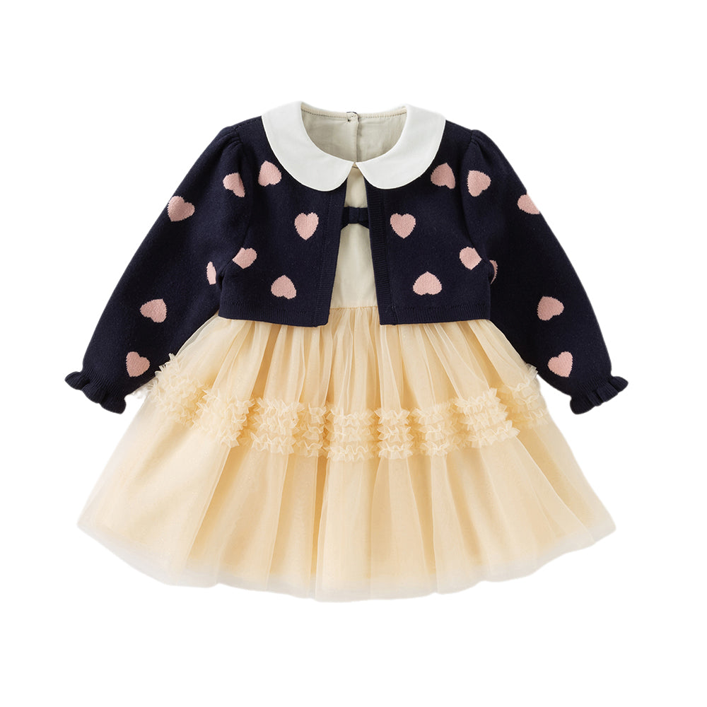 Dave&Bella Toddler Girls Autumn Navy Blue Delicate Fake Two Piece Sweater Mesh Dress