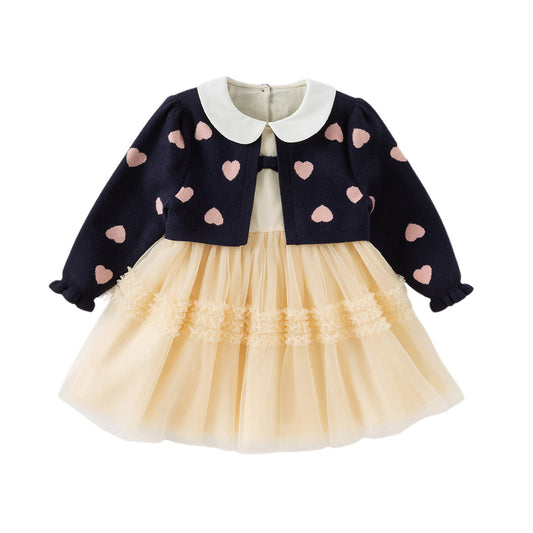 Dave&Bella Toddler Girls Autumn Navy Blue Delicate Fake Two Piece Sweater Mesh Dress
