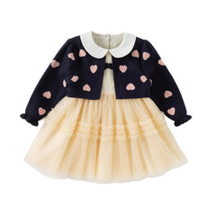 Dave&Bella Toddler Girls Autumn Navy Blue Delicate Fake Two Piece Sweater Mesh Dress