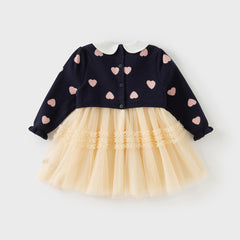 Dave&Bella Toddler Girls Autumn Navy Blue Delicate Fake Two Piece Sweater Mesh Dress