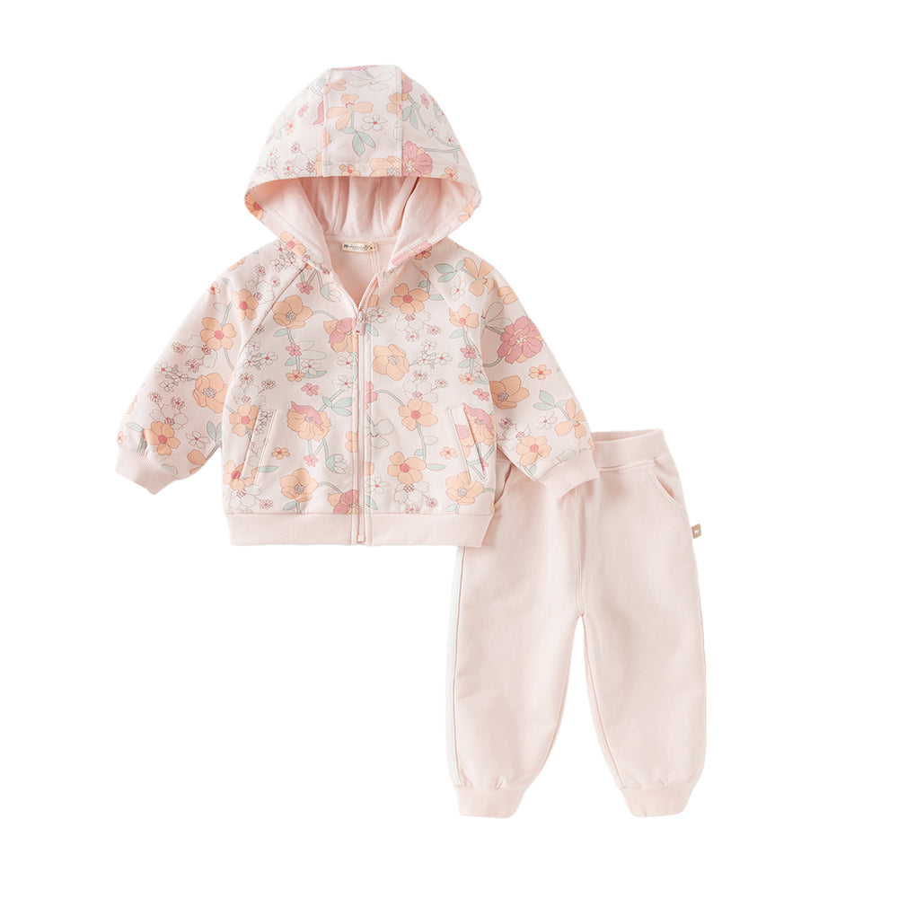 Dave&Bella Girls Autumn Cotton Outdoor Sweet Floral Print Hooded Coat Pants Set