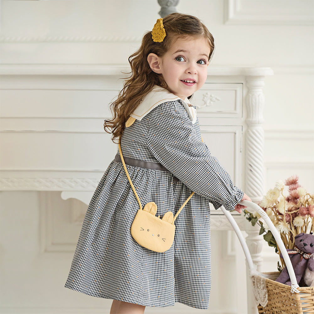 Dave&Bella Toddler Girls Cotton Sweet Grey Plaid A-line Princess Dress(wallet bag)