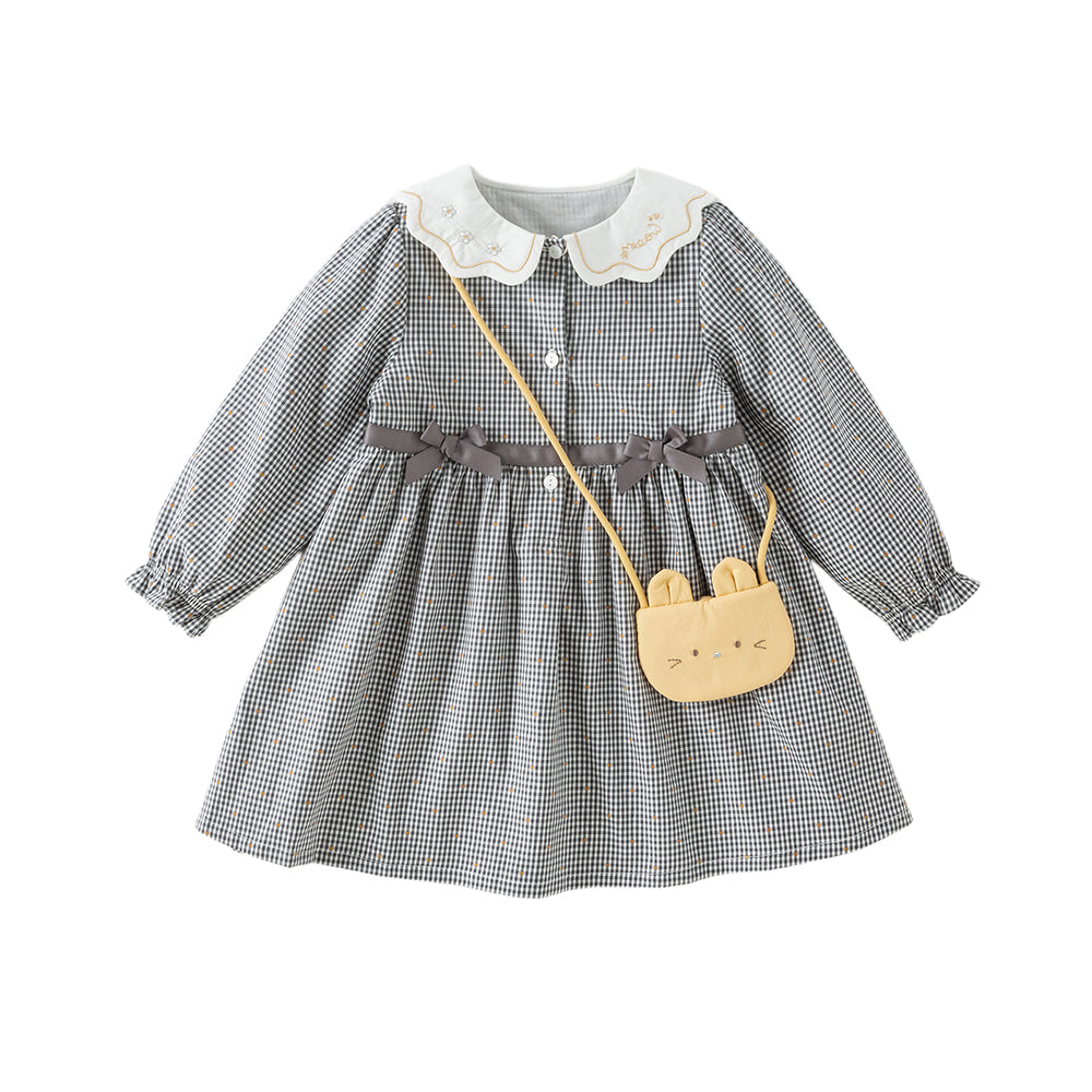 Dave&Bella Toddler Girls Cotton Sweet Grey Plaid A-line Princess Dress(wallet bag)
