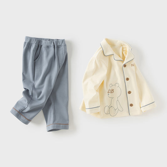 Dave&Bella Boys Autumn Cotton Beige Bear Print Knitted Pajamas Homewear Two Piece Set