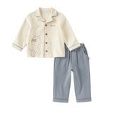 Dave&Bella Toddler Boys Cotton Beige Bear Print Knit Home-wear Two Piece Pajamas