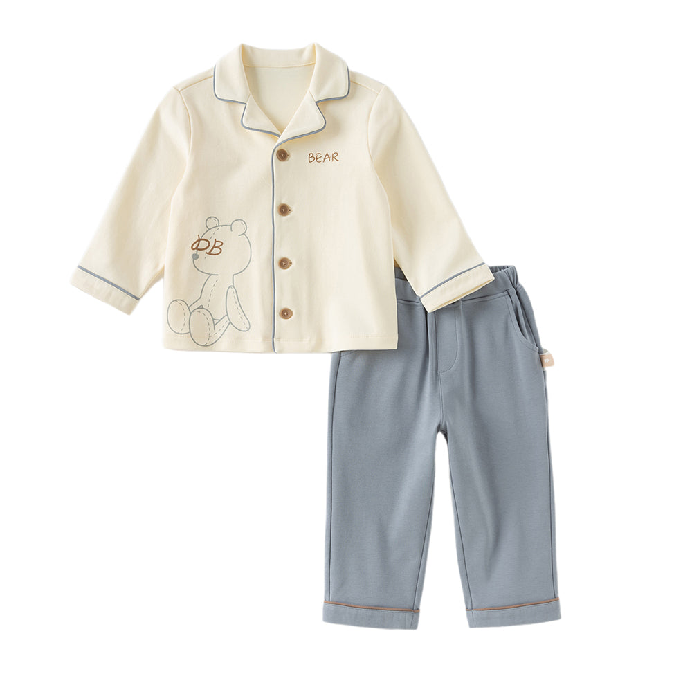 Dave&Bella Boys Autumn Cotton Beige Bear Print Knitted Pajamas Homewear Two Piece Set
