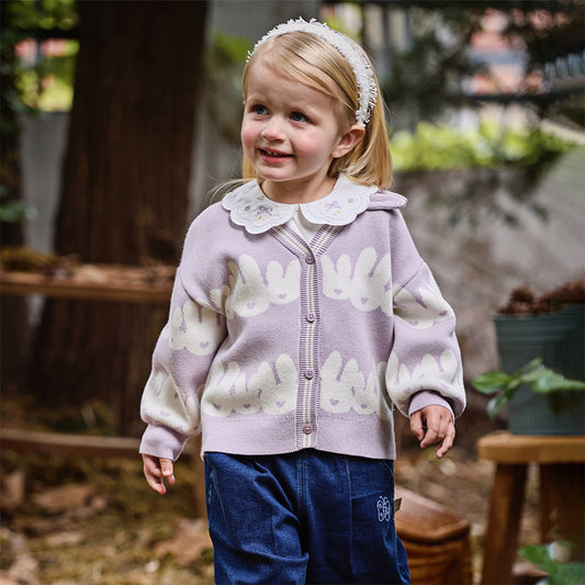 Dave&Bella Toddler Girls Autumn Purple Cotton Rabbit Print Sweater Cardigans Coats