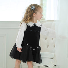 Dave&Bella Toddler Girls Autumn Black Top Pinafore Dress Two-Piece Set