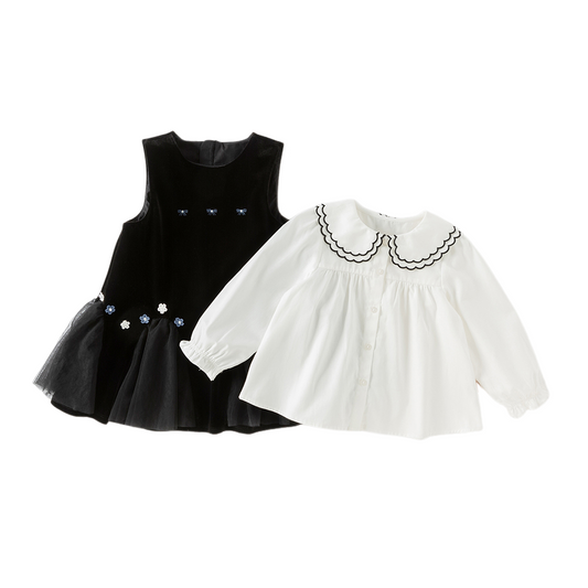 Dave&Bella Toddler Girls Autumn Black Top Pinafore Dress Two-Piece Set