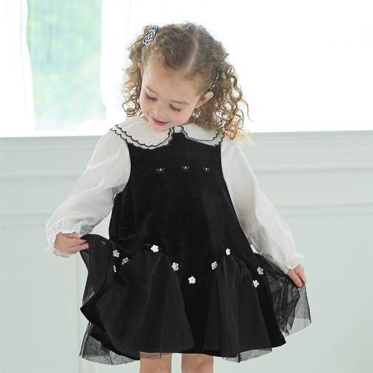 Dave&Bella Toddler Girls Autumn Black Top Pinafore Dress Two-Piece Set