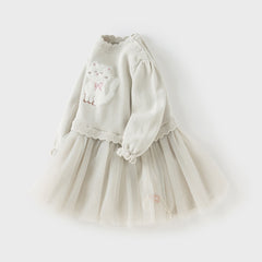 Dave&Bella Toddler Girls Autumn Light Grey Cat Print Cute Knit Sweater Mesh Party Dress