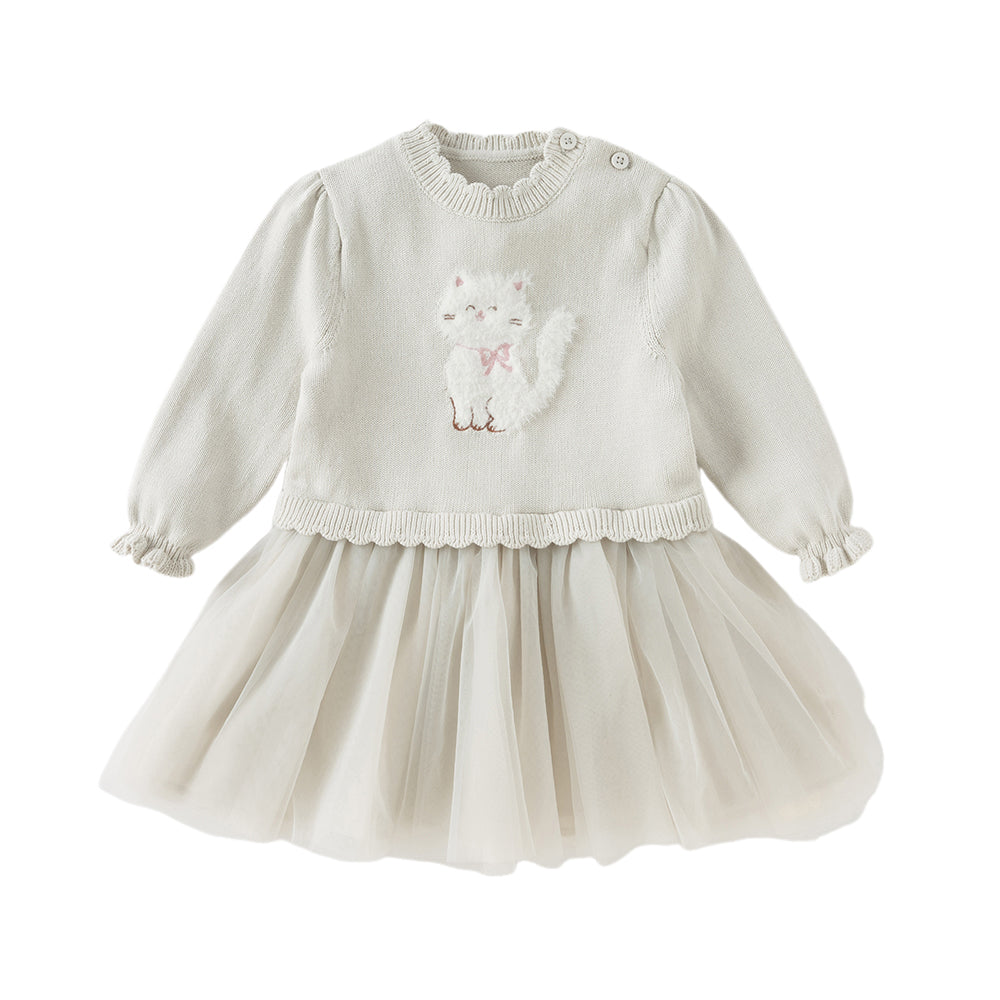 Dave&Bella Toddler Girls Autumn Light Grey Cat Print Cute Knit Sweater Mesh Party Dress