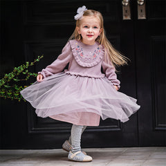 Dave&Bella Toddler Girls Autumn Noble Purple Embroidery Sweater Mesh Princess Dress