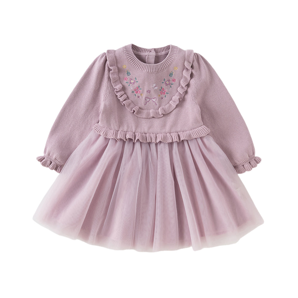 Dave&Bella Toddler Girls Noble Purple Embroidery Sweater Mesh Princess Dress