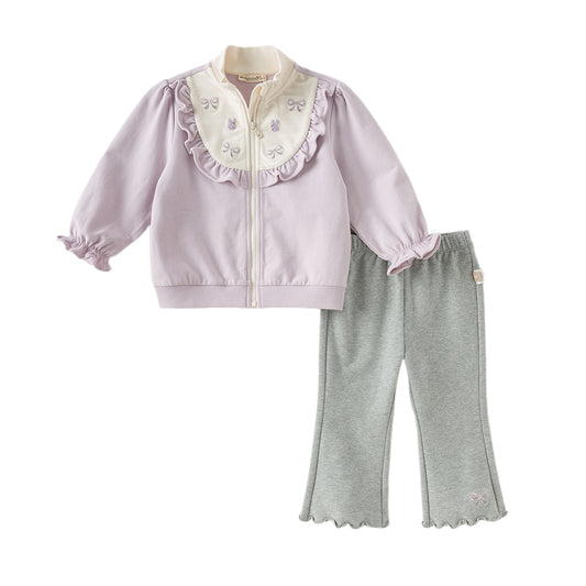 Dave&Bella Toddler Girls Autumn Purple Coat Grey Pants Suit Sets
