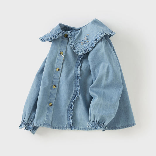 Dave&Bella Girls Autumn Denim Blue Cotton Cute Toddler Shirts Tops