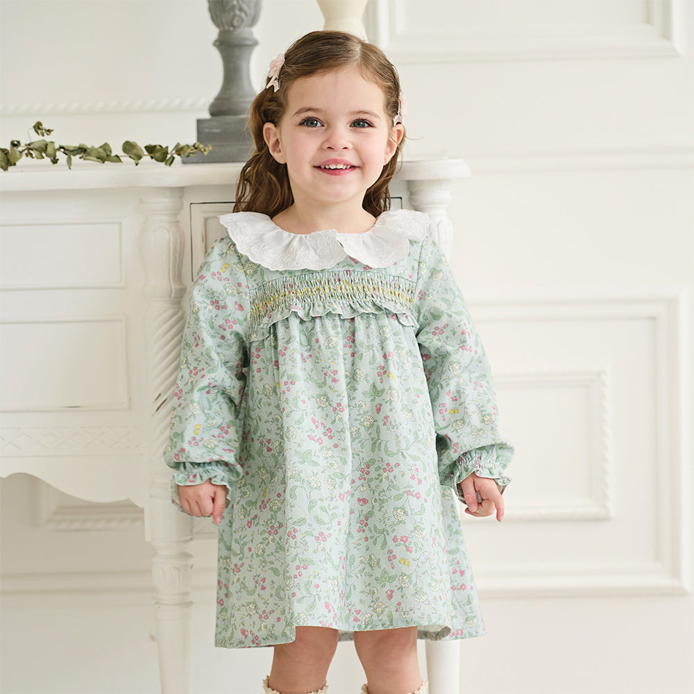 Dave&Bella Toddler Girls Cotton Green Floral Print Long Sleeve Princess Dress