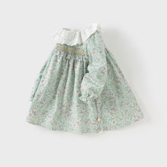 Dave&Bella Girls Autumn Cotton Green Floral Print Long Sleeve Princess Dress